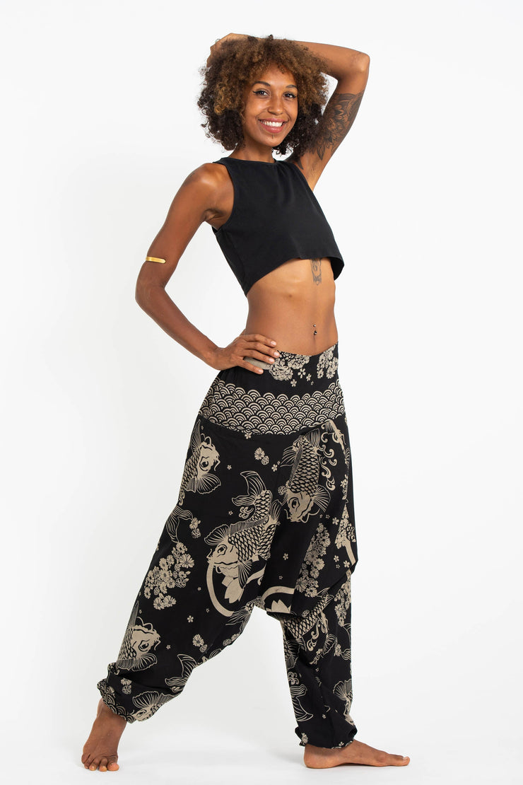 Hill Tribe Koi Fish Print Women's Harem Pants in Black