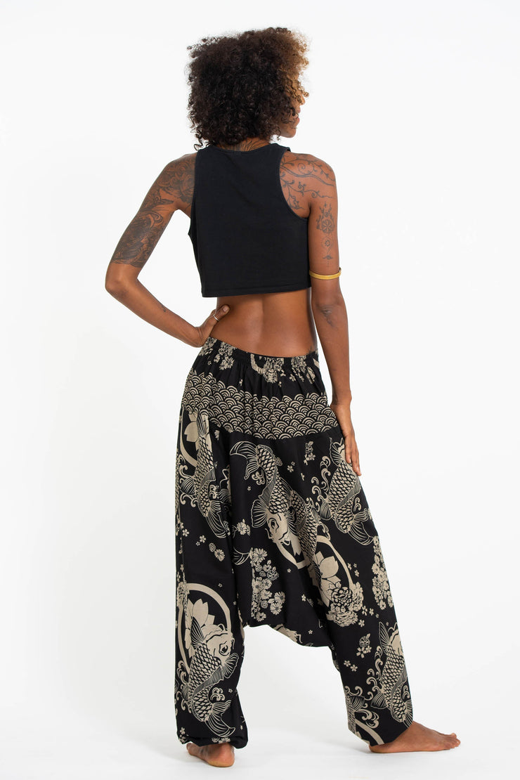 Hill Tribe Koi Fish Print Women's Harem Pants in Black