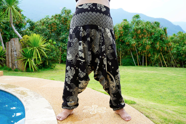 Plus Size Hill Tribe Koi Fish Print Women's Harem Pants in Black