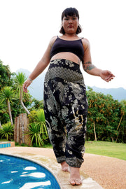 Plus Size Hill Tribe Koi Fish Print Women's Harem Pants in Black