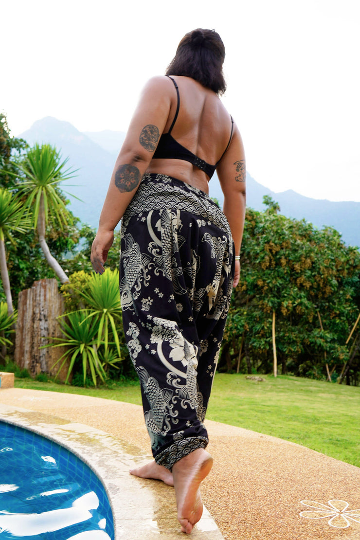 Plus Size Hill Tribe Koi Fish Print Women's Harem Pants in Black