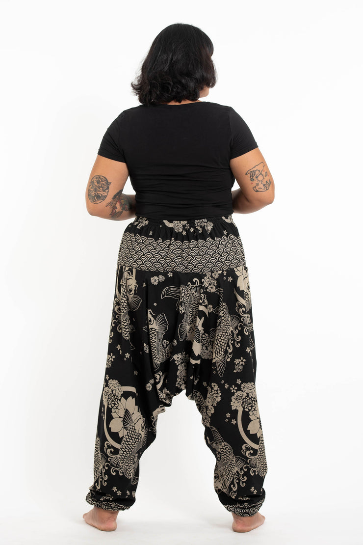 Plus Size Hill Tribe Koi Fish Print Women's Harem Pants in Black