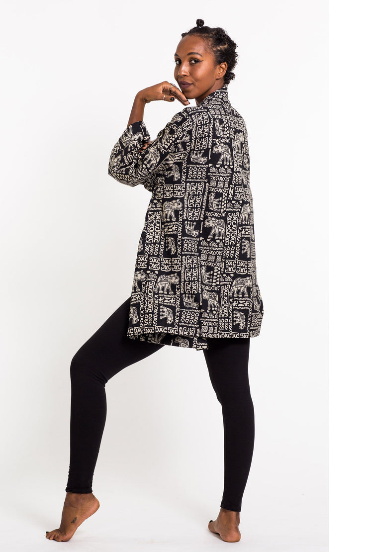 Elephant Print Cotton Kimono Cardigan in Black