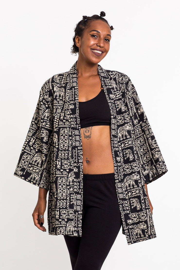 Elephant Print Cotton Kimono Cardigan in Black