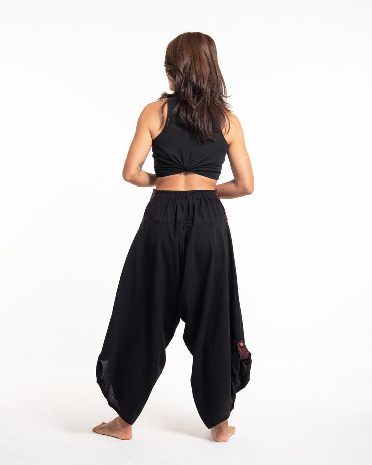 Women's Thai Button Up Cotton Pants with Hill Tribe Trim Black