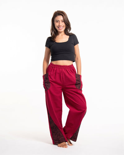 Thai Cotton Women's Pants With Hill Tribe Trim in Red