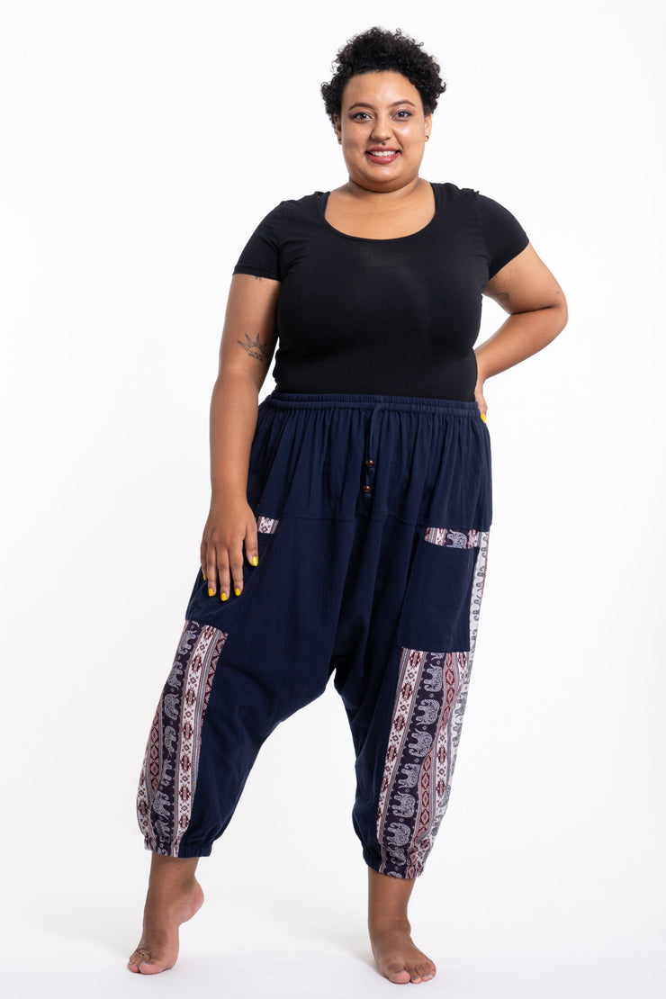 Plus Size Elephant Aztec Cotton Women's Harem Pants in Navy