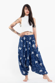 Elephant Prints Women's Low Cut Cotton Harem Pants in Indigo