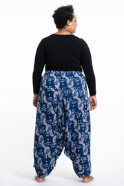 Plus Size Fan Prints Women's Low Cut Cotton Harem Pants in Indigo