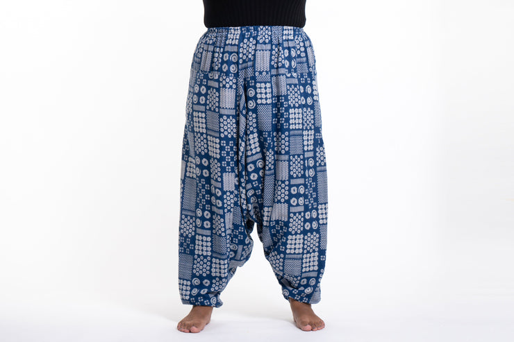 Plus Size Patchwork Prints Women's Low Cut Cotton Harem Pants in Indigo