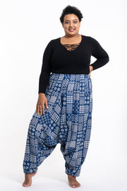 Plus Size Patchwork Prints Women's Low Cut Cotton Harem Pants in Indigo