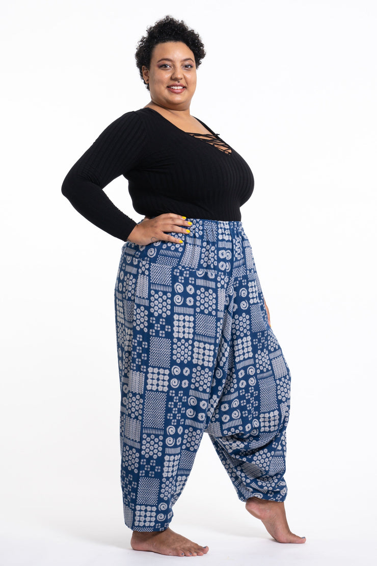 Plus Size Patchwork Prints Women's Low Cut Cotton Harem Pants in Indigo