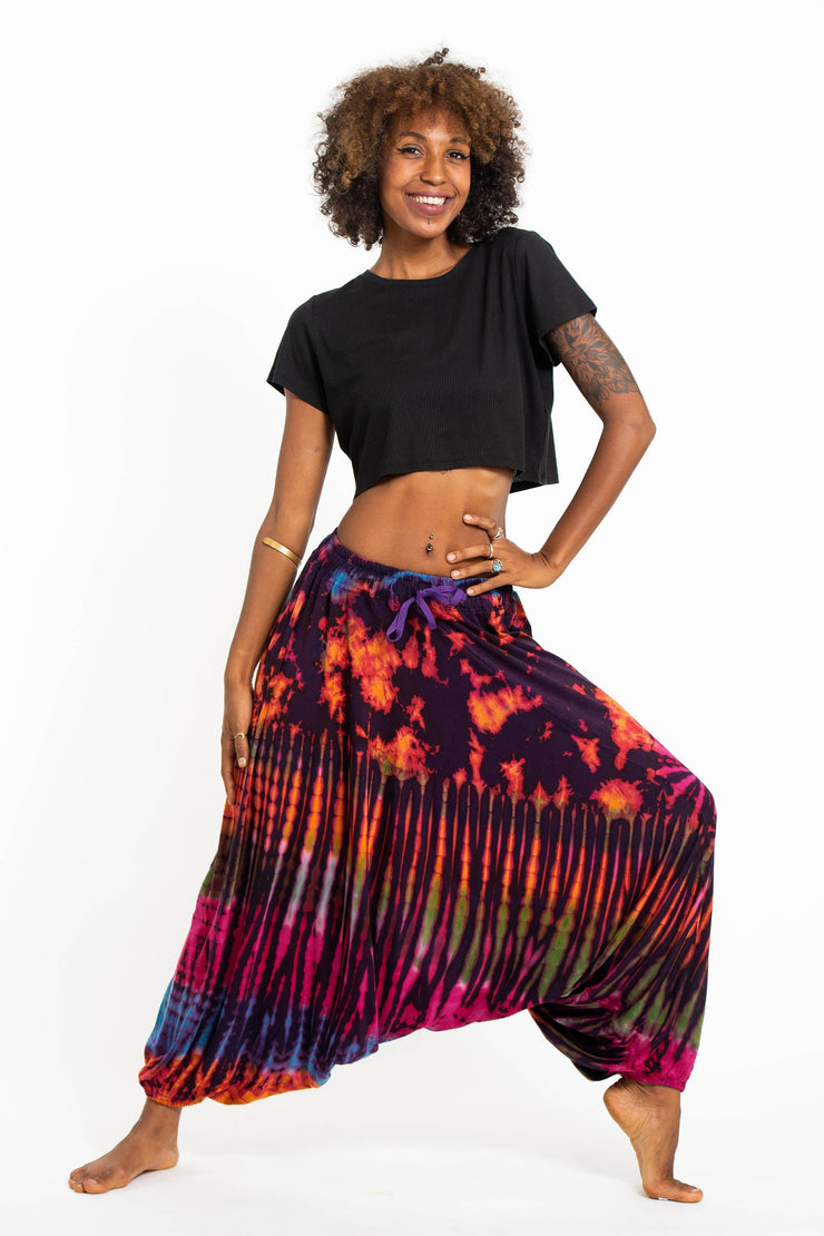 Tie Dye Women's Spandex Cotton Low Cut Harem Pants in Purple