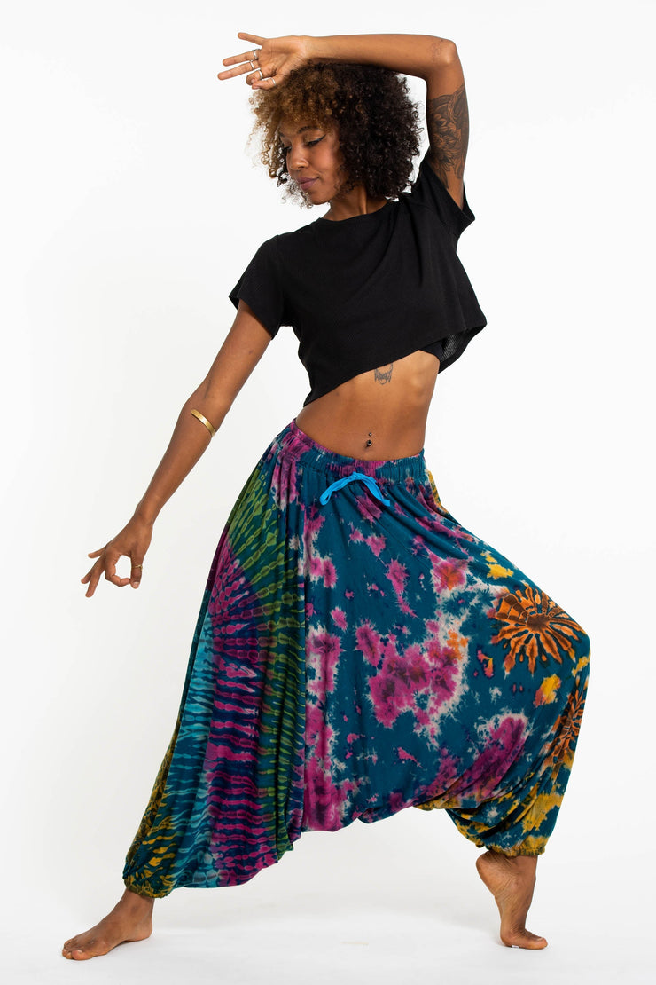 Tie Dye Women's Spandex Cotton Low Cut Harem Pants in Blue