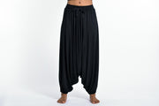 Drawstring Low Cut Harem Pants Cotton Spandex in Solid Black