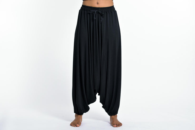 Drawstring Low Cut Harem Pants Cotton Spandex in Solid Black