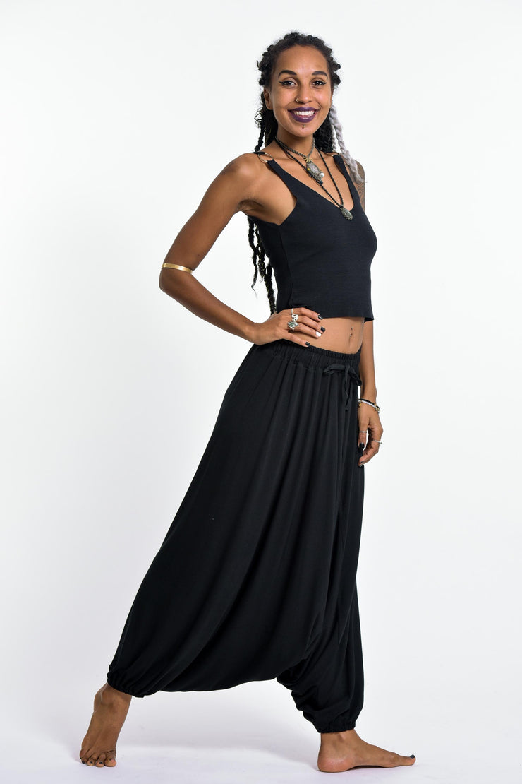 Drawstring Low Cut Harem Pants Cotton Spandex in Solid Black