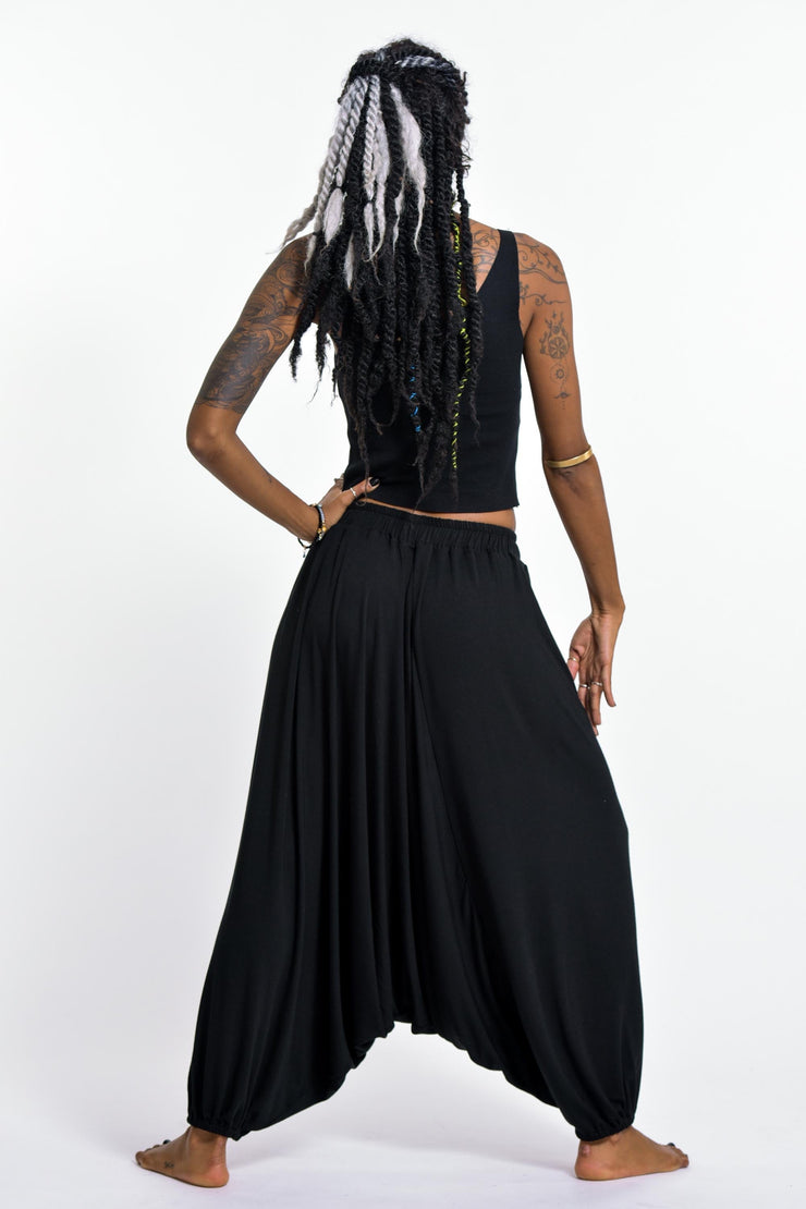 Drawstring Low Cut Harem Pants Cotton Spandex in Solid Black