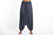 Drawstring Low Cut Harem Pants Cotton Spandex in Solid Gray