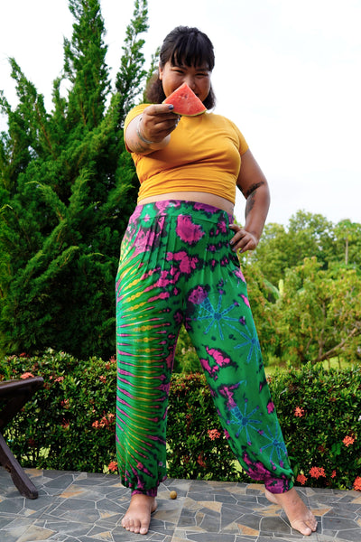 Plus Size Tie Dye Cotton Women Harem Pants in Green