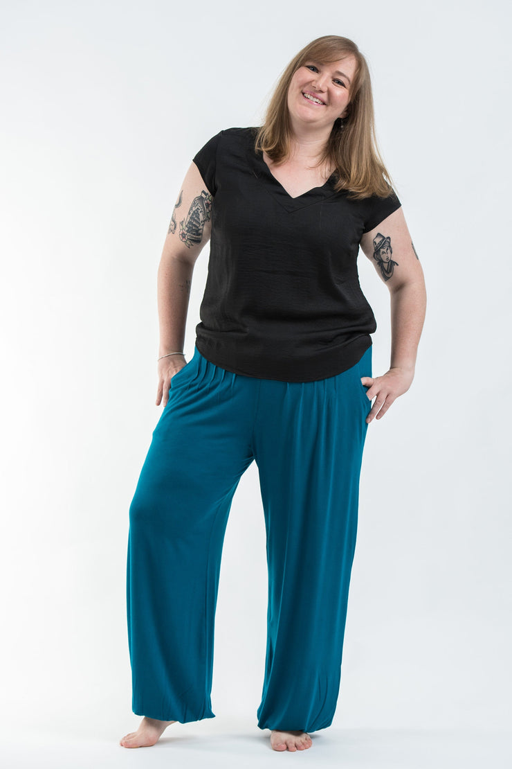 Plus Size Cotton Women Harem Pants in Solid Blue