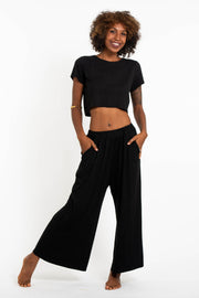 Wide Leg Palazzo Harem Pants Cotton Solid Black