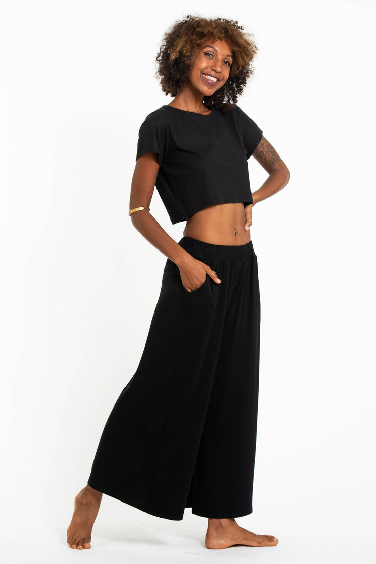 Wide Leg Palazzo Harem Pants Cotton Solid Black