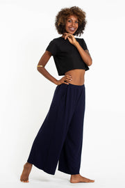 Wide Leg Palazzo Harem Pants Cotton Solid Navy