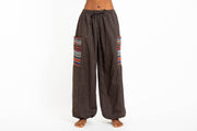 Women's Drawstring Pinstripes Cotton Pants with Aztec Pocket in Brown