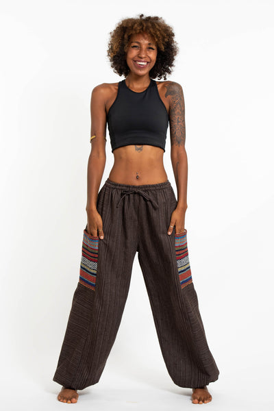 Women's Drawstring Pinstripes Cotton Pants with Aztec Pocket in Brown