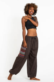 Women's Drawstring Pinstripes Cotton Pants with Aztec Pocket in Brown