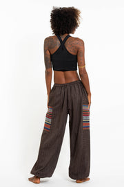 Women's Drawstring Pinstripes Cotton Pants with Aztec Pocket in Brown