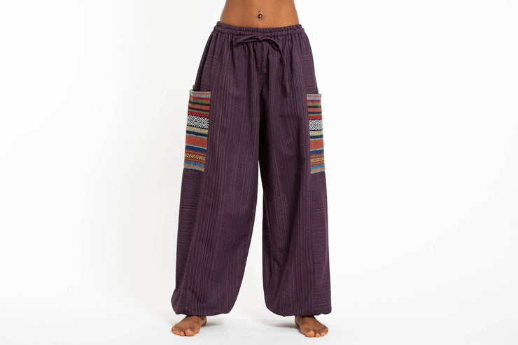 Women's Drawstring Pinstripes Cotton Pants with Aztec Pocket in Purple