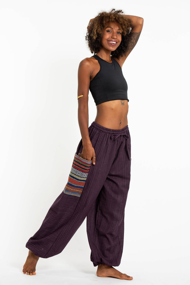 Women's Drawstring Pinstripes Cotton Pants with Aztec Pocket in Purple