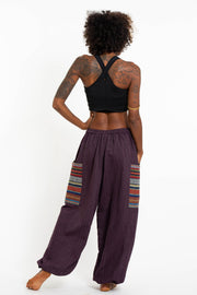 Women's Drawstring Pinstripes Cotton Pants with Aztec Pocket in Purple