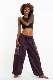 Women's Drawstring Pinstripes Cotton Pants with Aztec Pocket in Purple