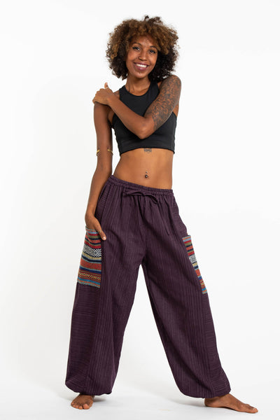 Women's Drawstring Pinstripes Cotton Pants with Aztec Pocket in Purple