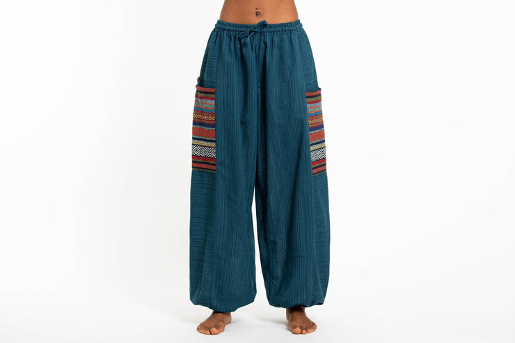 Women's Drawstring Pinstripes Cotton Pants with Aztec Pocket in Turquoise