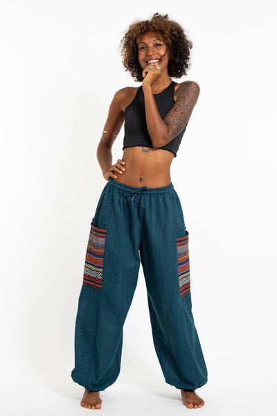 Women's Drawstring Pinstripes Cotton Pants with Aztec Pocket in Turquoise