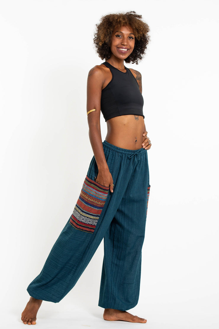 Women's Drawstring Pinstripes Cotton Pants with Aztec Pocket in Turquoise