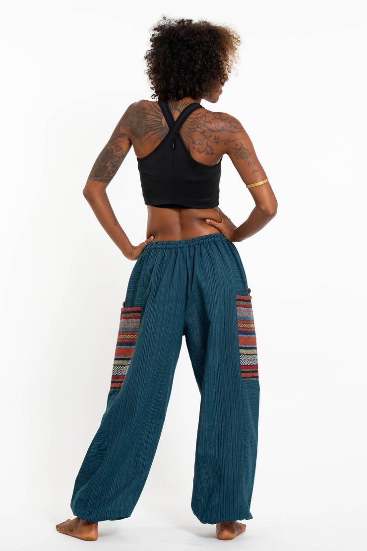 Women's Drawstring Pinstripes Cotton Pants with Aztec Pocket in Turquoise