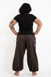 Plus Size Women's Drawstring Pinstripes Cotton Pants with Aztec Pocket in Brown