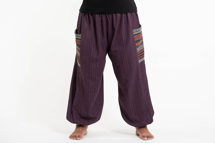 Plus Size Women's Drawstring Pinstripes Cotton Pants with Aztec Pocket in Purple