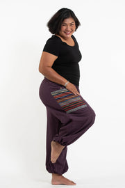 Plus Size Women's Drawstring Pinstripes Cotton Pants with Aztec Pocket in Purple