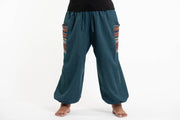 Plus Size Women's Drawstring Pinstripes Cotton Pants with Aztec Pocket in Turquoise