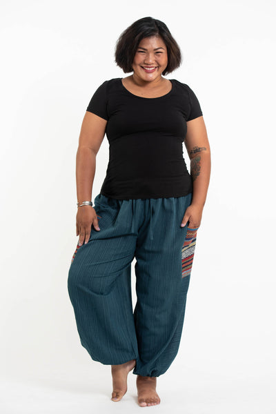 Plus Size Women's Drawstring Pinstripes Cotton Pants with Aztec Pocket in Turquoise