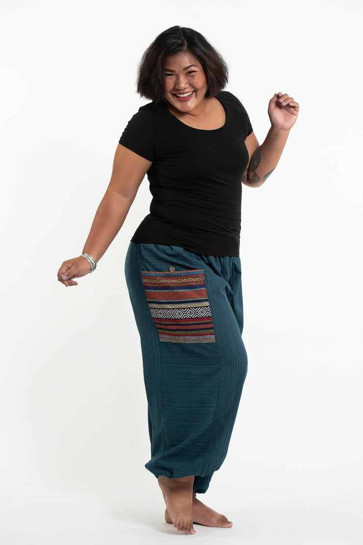 Plus Size Women's Drawstring Pinstripes Cotton Pants with Aztec Pocket in Turquoise