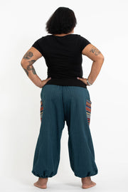 Plus Size Women's Drawstring Pinstripes Cotton Pants with Aztec Pocket in Turquoise