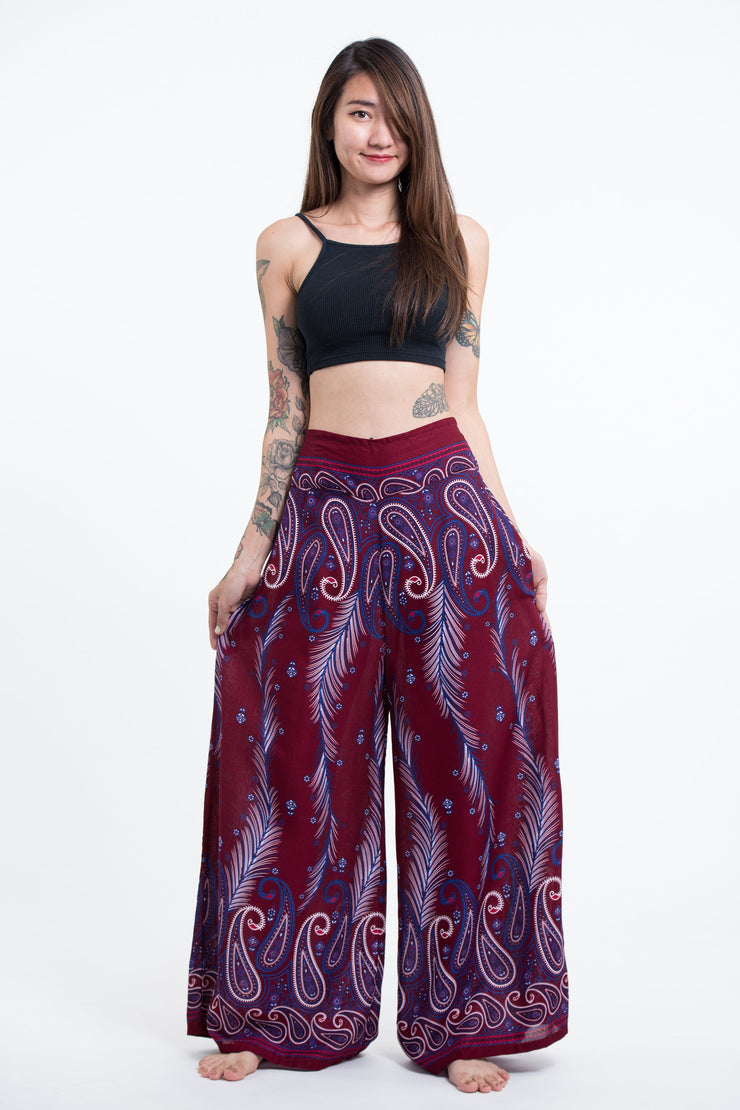 Paisley Feathers Palazzo Style Harem Pants in Red