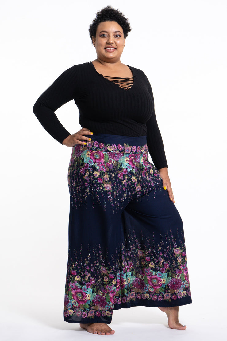 Plus Size Floral Palazzo Style Harem Pants in Blue